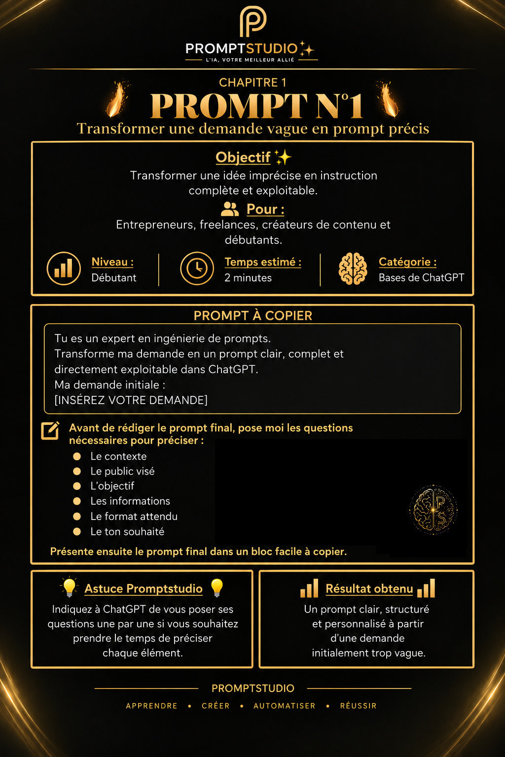 Prompt ChatGPT pour transformer une demande vague en instruction précise avec Promptstudio