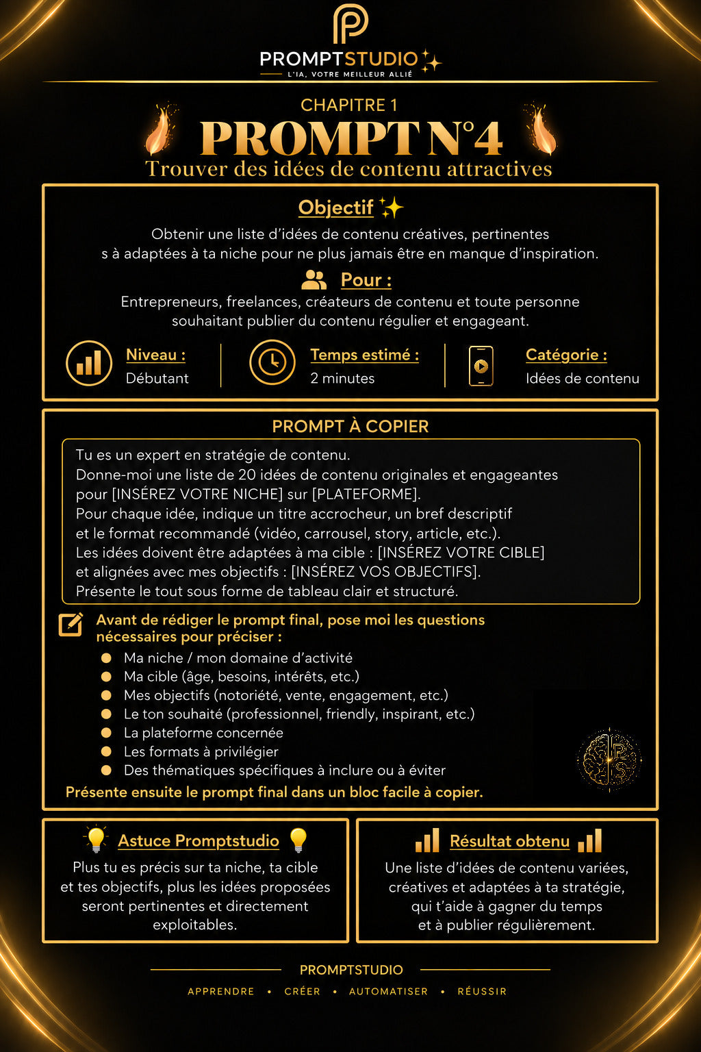 Prompt ChatGPT pour trouver des idées de contenu attractives avec Promptstudio