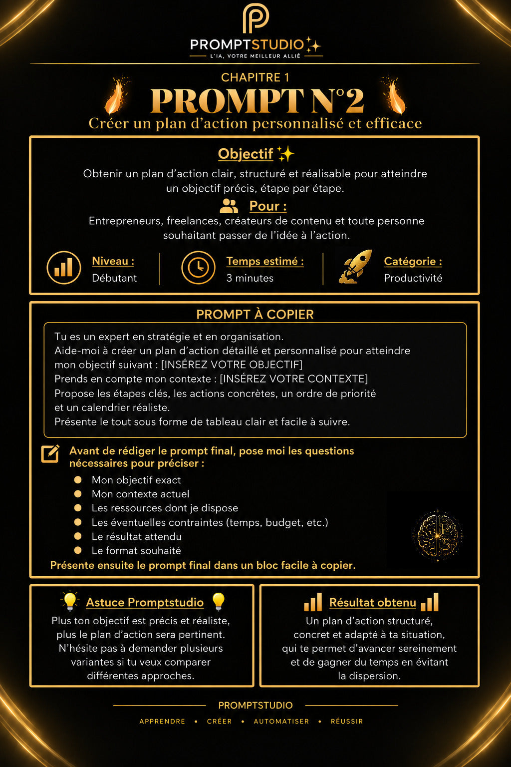 Prompt ChatGPT pour créer un plan d'action personnalisé avec Promptstudio